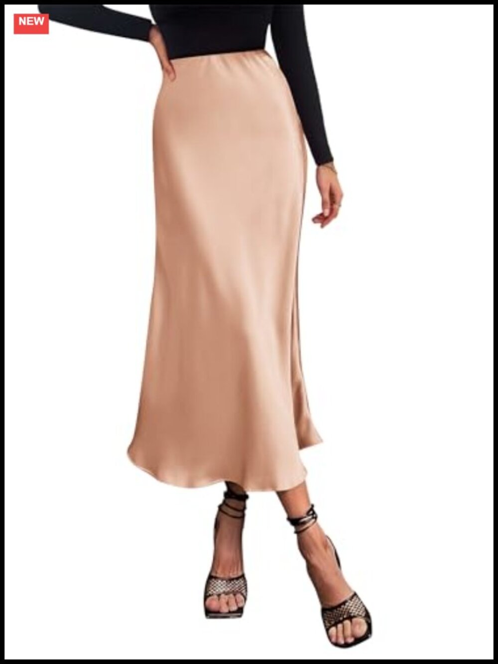Satin Midi Skirt High Waisted A-Line Flowy Pull On Dressy Casual